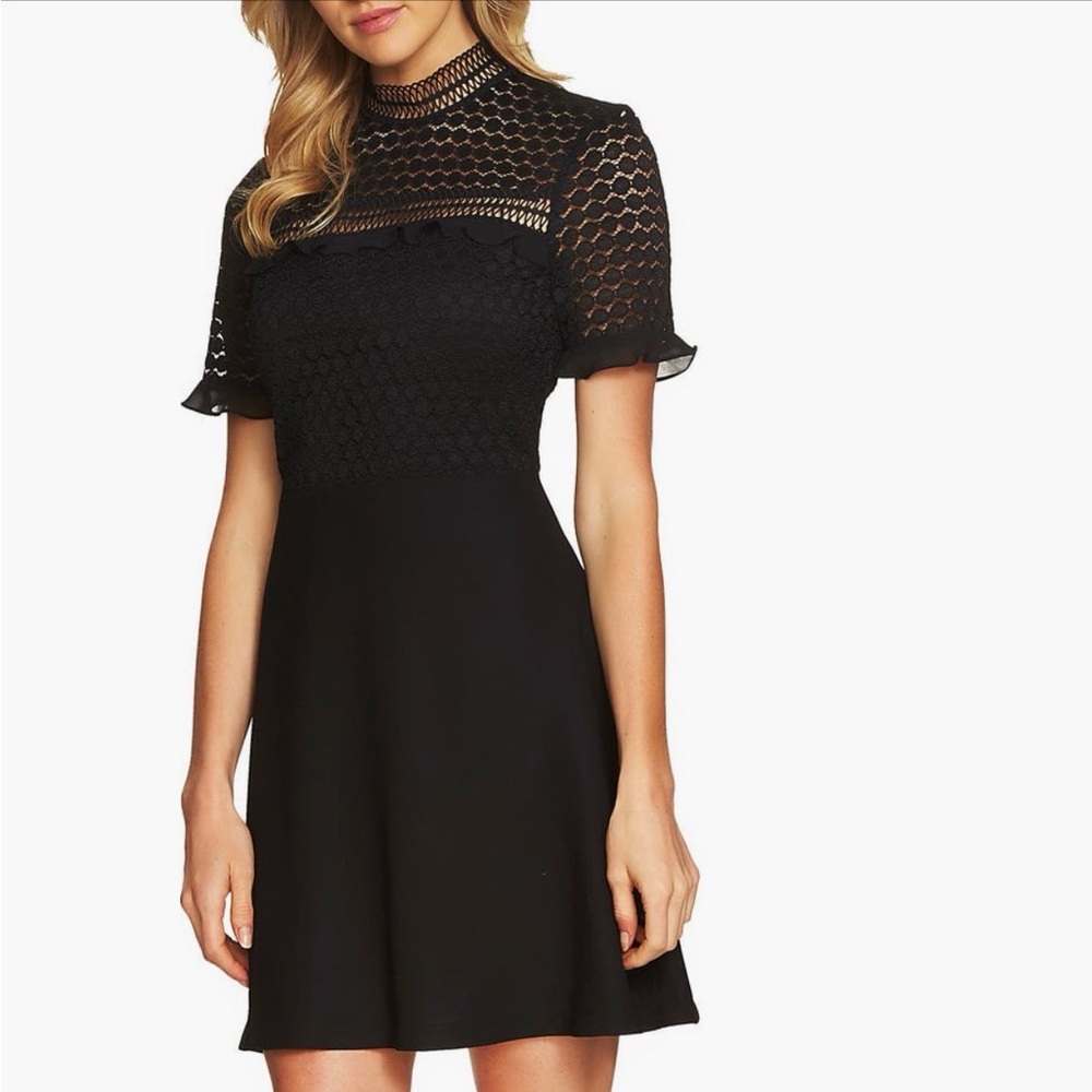 Nordstrom CeCe Black Mini A-Line Dress with Lace High Neck